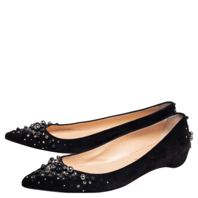 Pre Owned Christian Louboutin Black Crystal Beaded Embellished Suede Ballet Flats Size 39