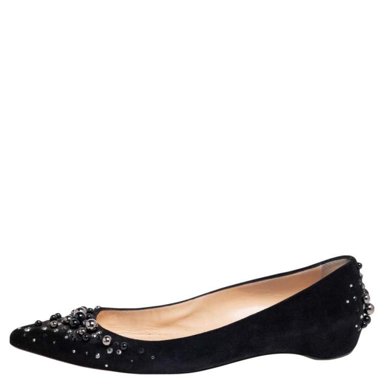 Pre Owned Christian Louboutin Black Crystal Beaded Embellished Suede Ballet Flats Size 39