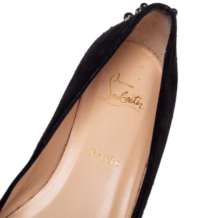 Pre Owned Christian Louboutin Black Crystal Beaded Embellished Suede Ballet Flats Size 39