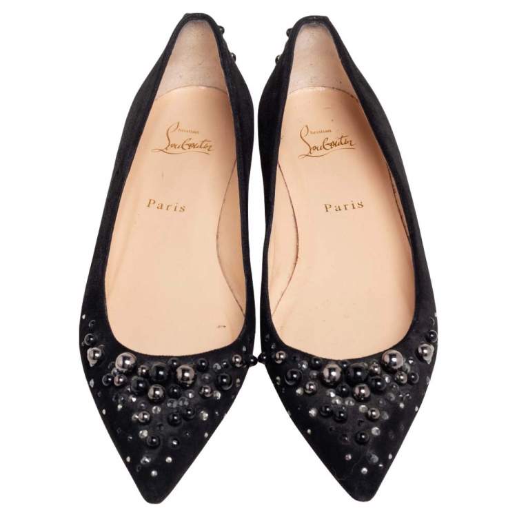 Pre Owned Christian Louboutin Black Crystal Beaded Embellished Suede Ballet Flats Size 39