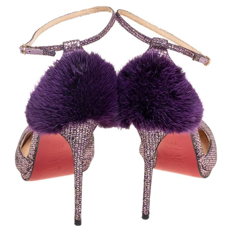 Pre Owned Christian Louboutin Purple Glitter Fabric/Mink Crazy Fur D'orsay Pump Size 39.5
