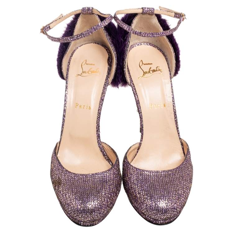 Pre Owned Christian Louboutin Purple Glitter Fabric/Mink Crazy Fur D'orsay Pump Size 39.5