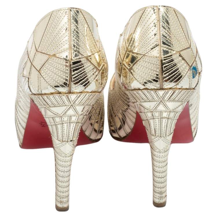 Pre Owned Christian Louboutin Dull Gold Mirror Leather Very Galaxy Art Deco Peep-Toe Pumps Size 37