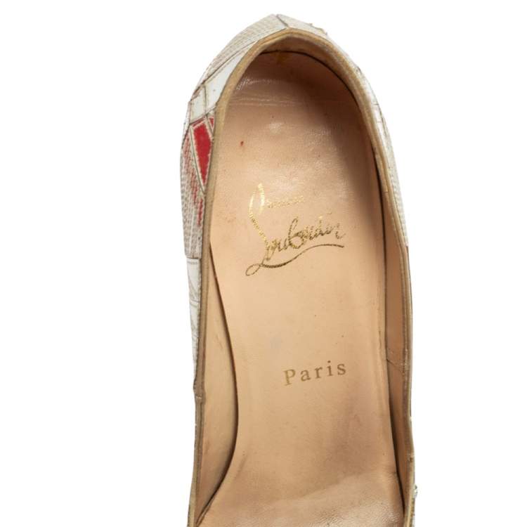 Pre Owned Christian Louboutin Dull Gold Mirror Leather Very Galaxy Art Deco Peep-Toe Pumps Size 37