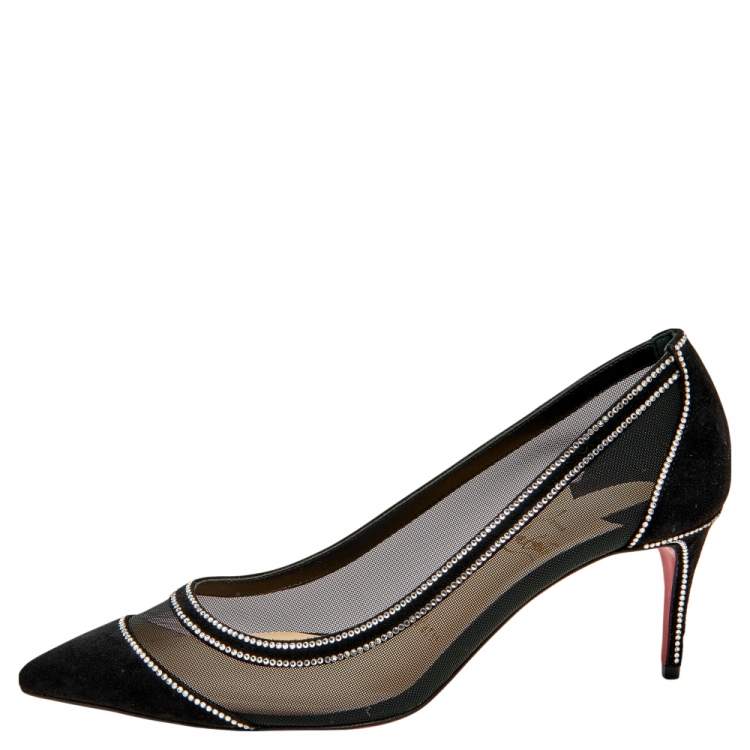 Christian Louboutin Black Suede/Silver Embellish Peep Toe Pumps