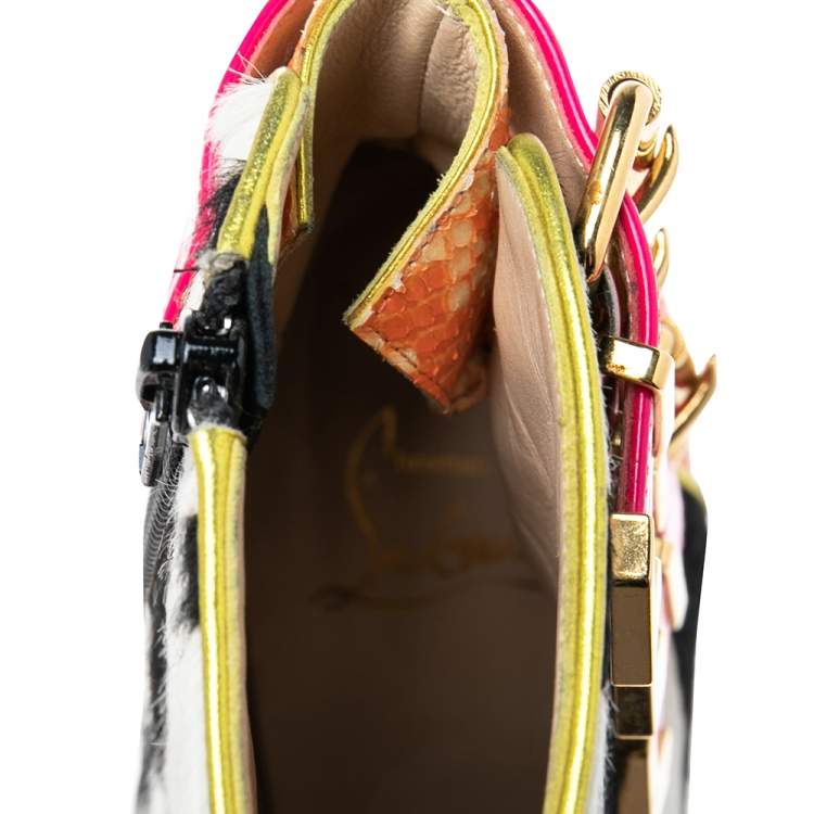 Pre Owned Christian Louboutin Multicolor Patent and Python Leather, Zebra Print Calf Hair Triboclou Ankle Boots Size 37