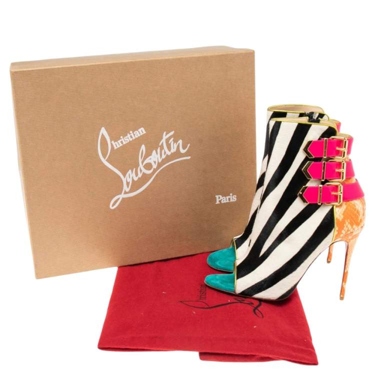 Pre Owned Christian Louboutin Multicolor Patent and Python Leather, Zebra Print Calf Hair Triboclou Ankle Boots Size 37