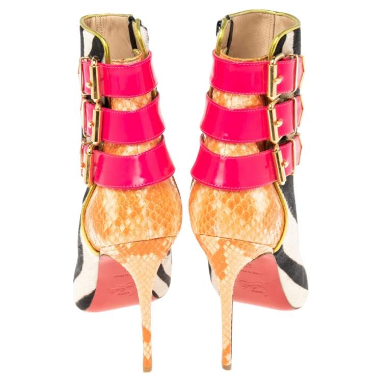 Pre Owned Christian Louboutin Multicolor Patent and Python Leather, Zebra Print Calf Hair Triboclou Ankle Boots Size 37