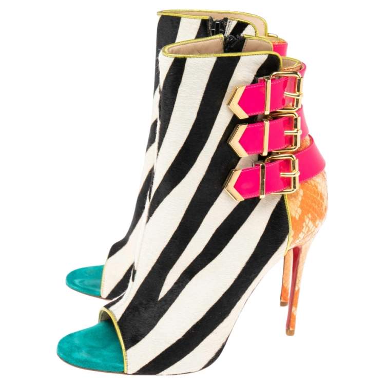 Pre Owned Christian Louboutin Multicolor Patent and Python Leather, Zebra Print Calf Hair Triboclou Ankle Boots Size 37