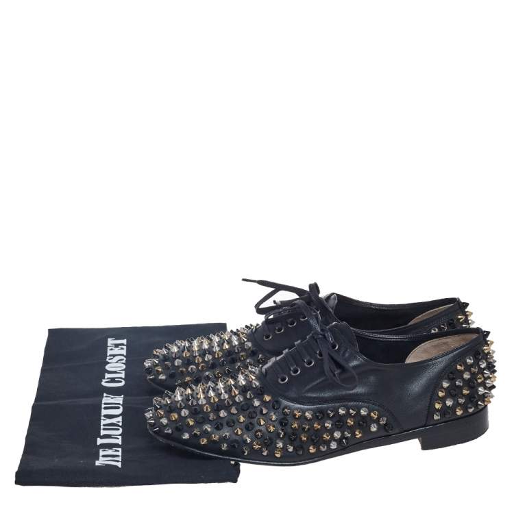 Pre Owned Christian Louboutin Black Leather Freddy Spike Lace-Up Oxfords Size 39.5