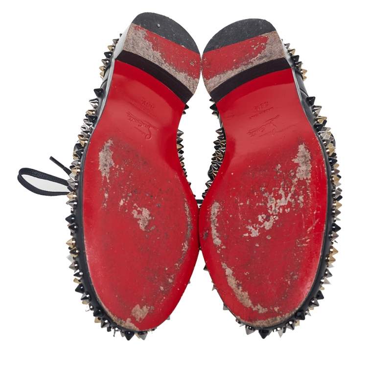 Pre Owned Christian Louboutin Black Leather Freddy Spike Lace-Up Oxfords Size 39.5