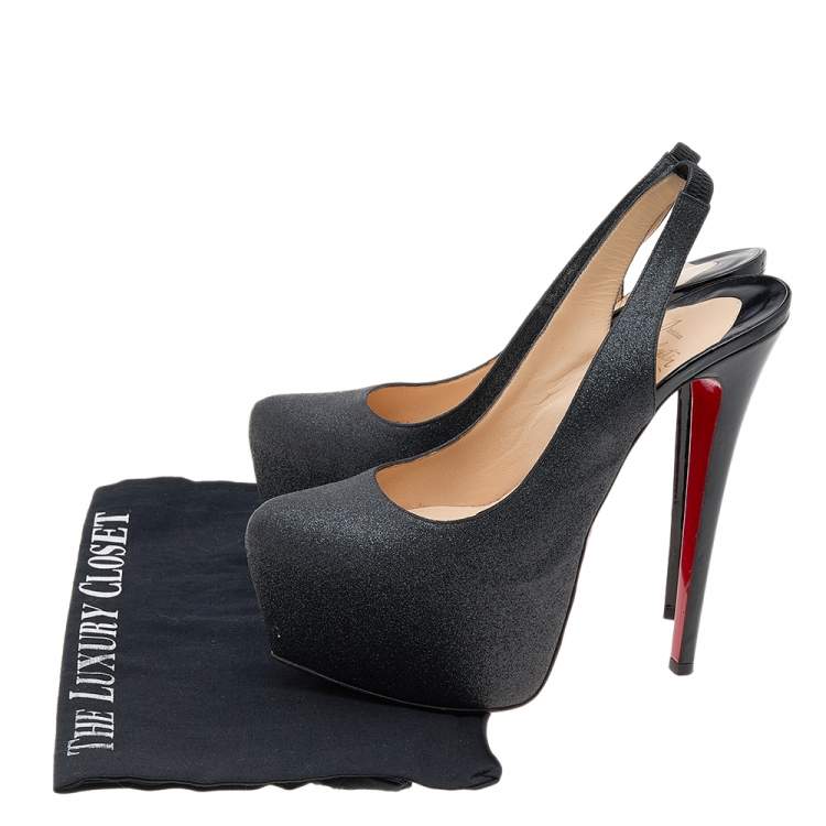 Pre Owned Christian Louboutin Dark Grey Glitter Slingback Platform Sandals Size 39