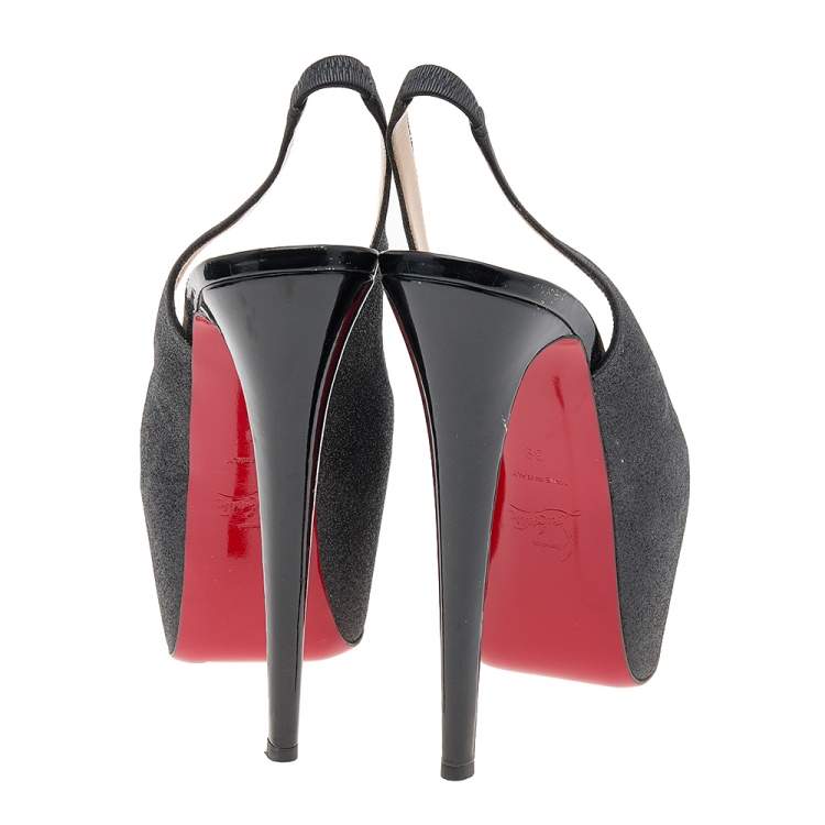 Pre Owned Christian Louboutin Dark Grey Glitter Slingback Platform Sandals Size 39