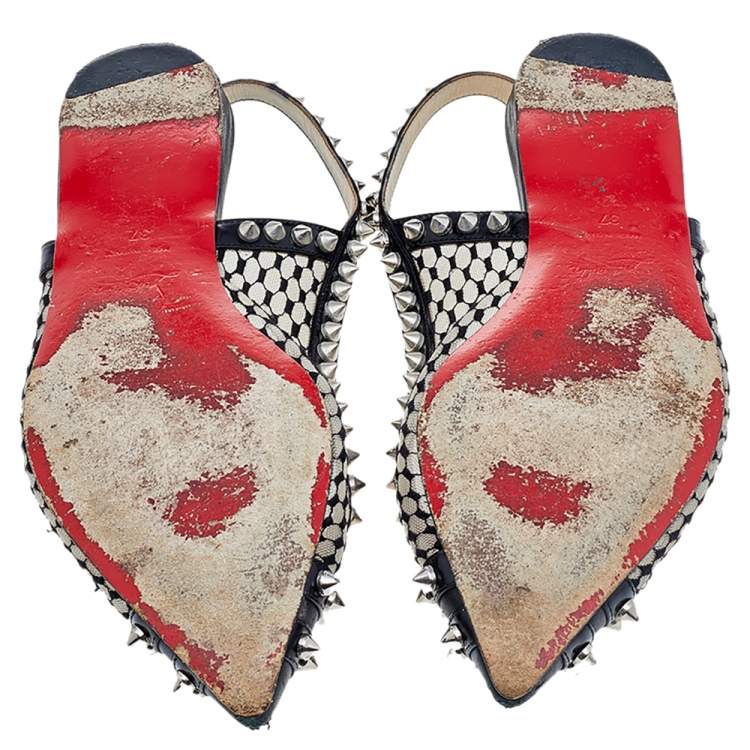 Pre Owned Christian Louboutin Black Leather And Mesh Spiked Flat Sandals Size 37