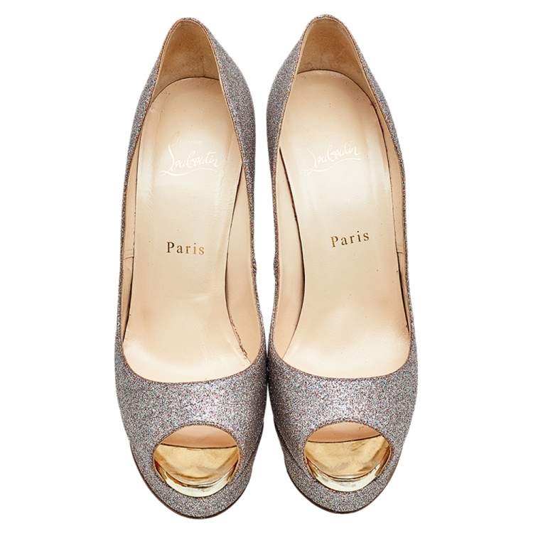 Pre Owned Christian Louboutin Metallic Multicolor Glitter Lady Peep Toe Platform Pumps Size 38.5