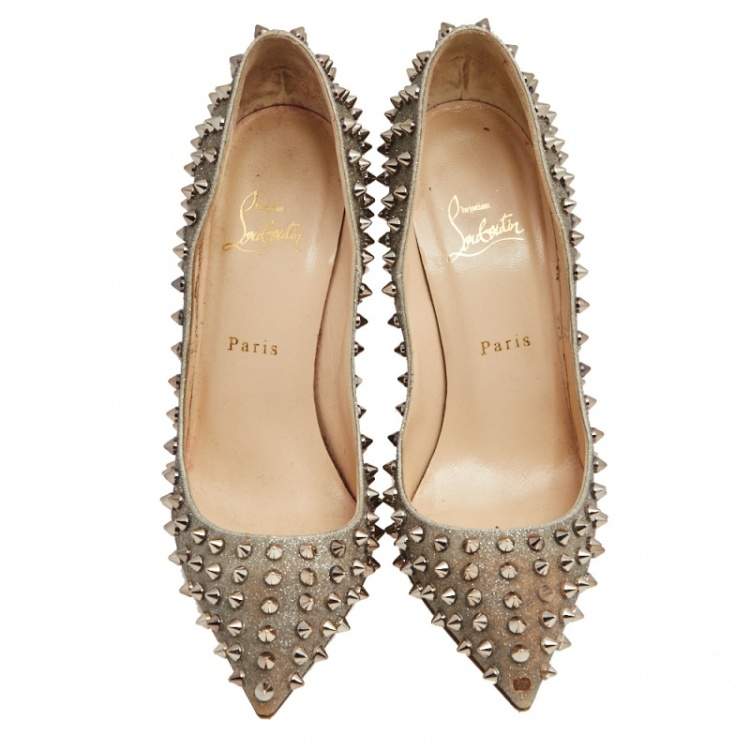 Pre Owned Christian Louboutin Metallic Leather Pigalle Spikes Pumps Size 39.5