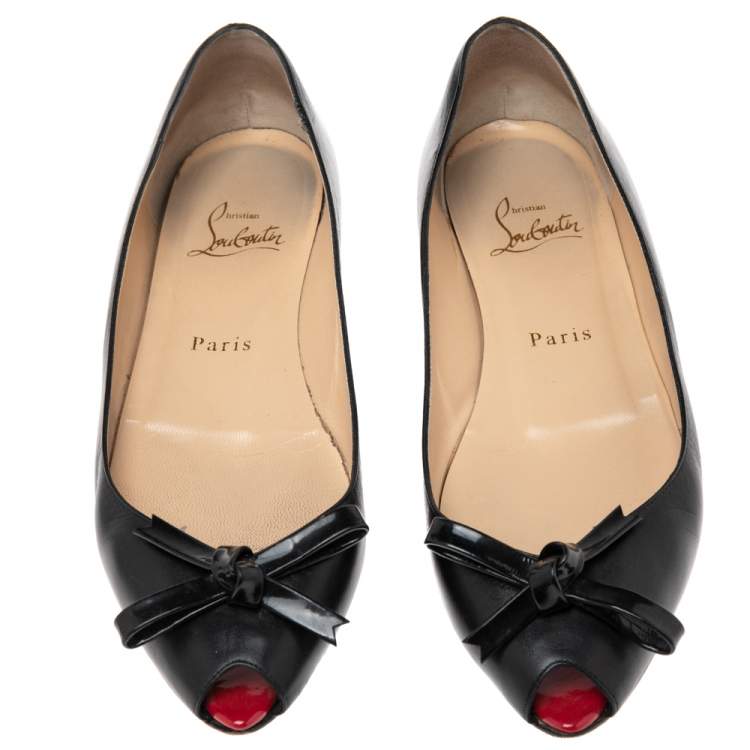 Pre Owned Christian Louboutin Black Leather Bow Peep-Toe Ballet Flats Size 37.5 