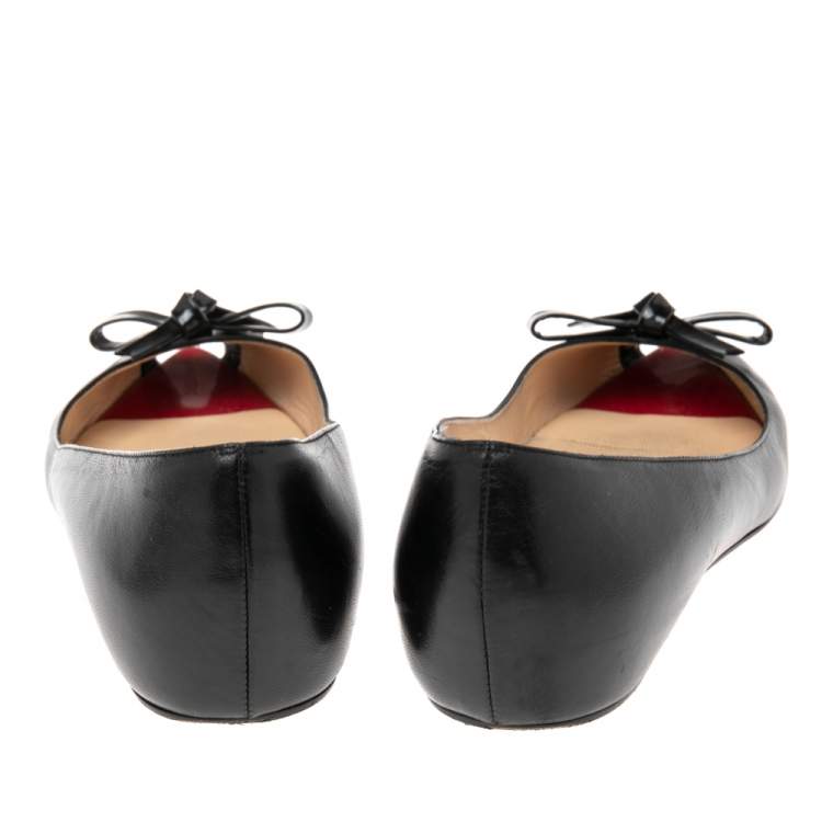 Pre Owned Christian Louboutin Black Leather Bow Peep-Toe Ballet Flats Size 37.5 