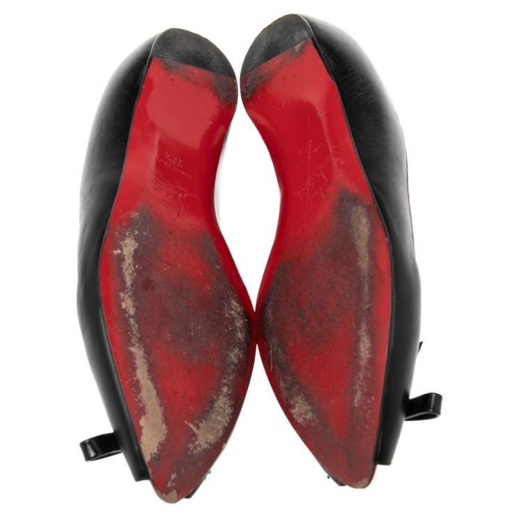 Pre Owned Christian Louboutin Black Leather Bow Peep-Toe Ballet Flats Size 37.5 