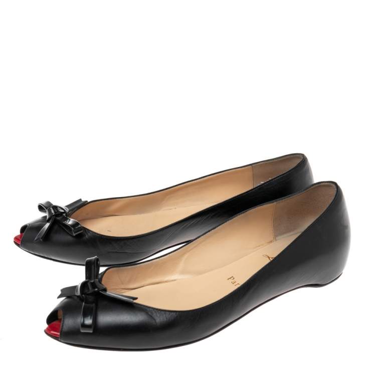 Pre Owned Christian Louboutin Black Leather Bow Peep-Toe Ballet Flats Size 37.5 