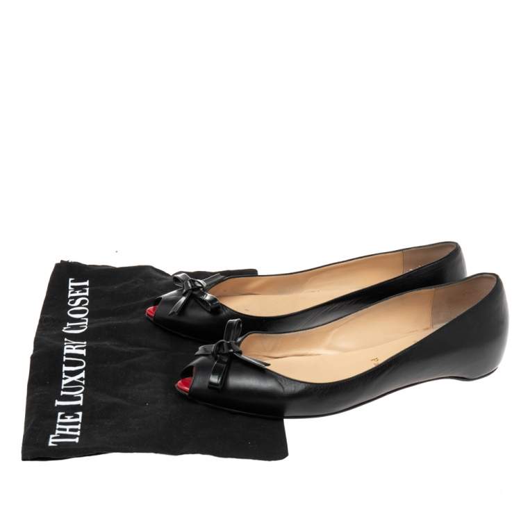 Pre Owned Christian Louboutin Black Leather Bow Peep-Toe Ballet Flats Size 37.5 