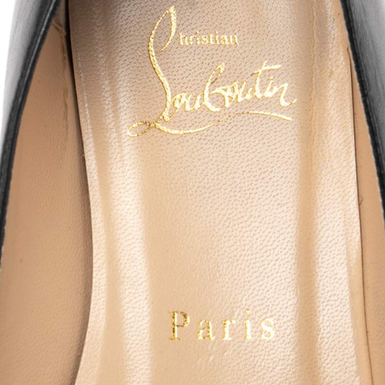 Pre Owned Christian Louboutin Black Leather Bow Peep-Toe Ballet Flats Size 37.5 
