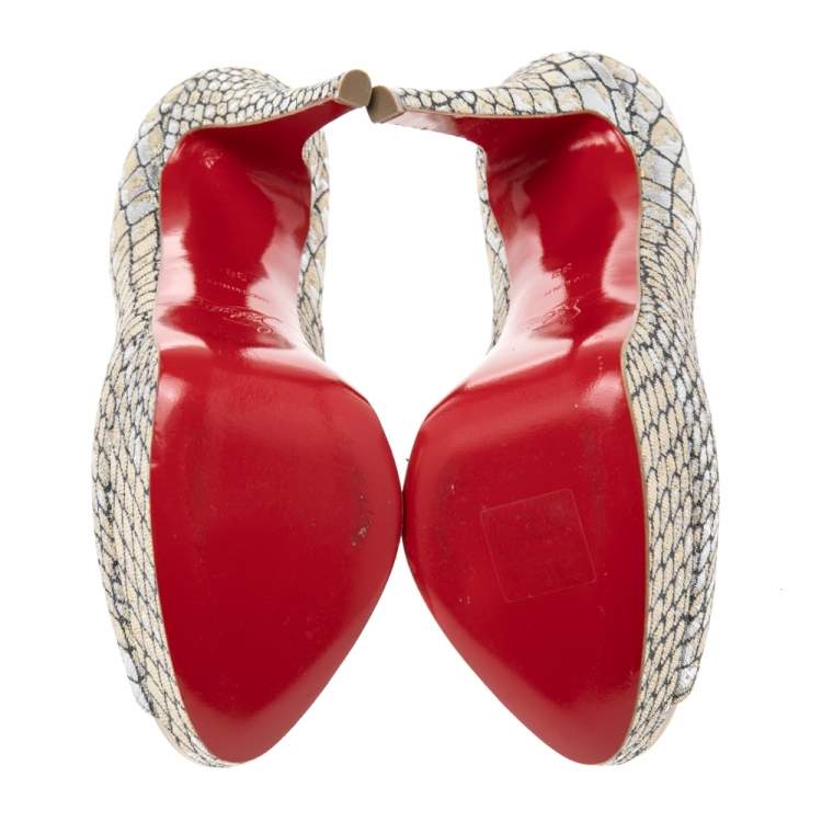 Pre Owned Christian Louboutin Two-Tone Lurex Fabric Lady Peep Toe Platform Pumps Size 38