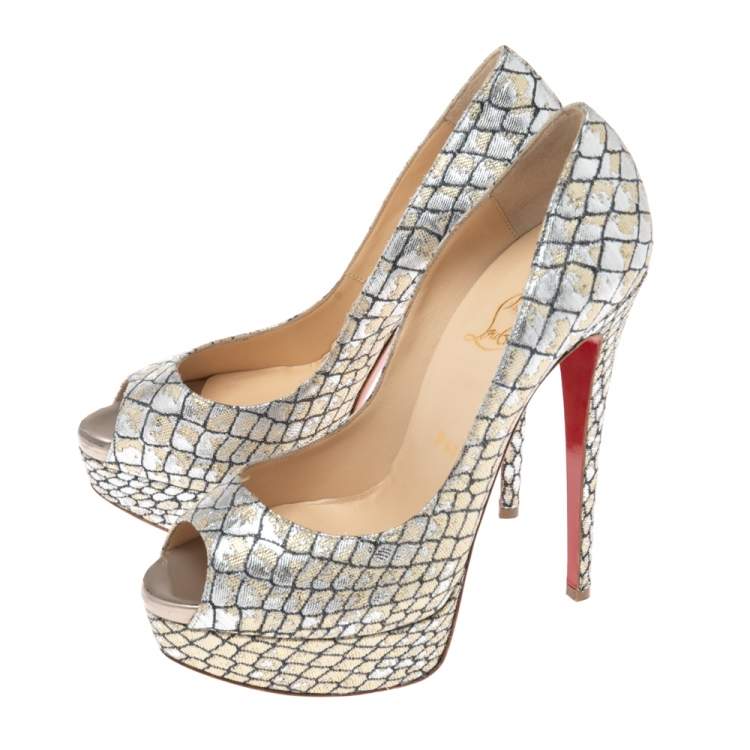 Pre Owned Christian Louboutin Two-Tone Lurex Fabric Lady Peep Toe Platform Pumps Size 38