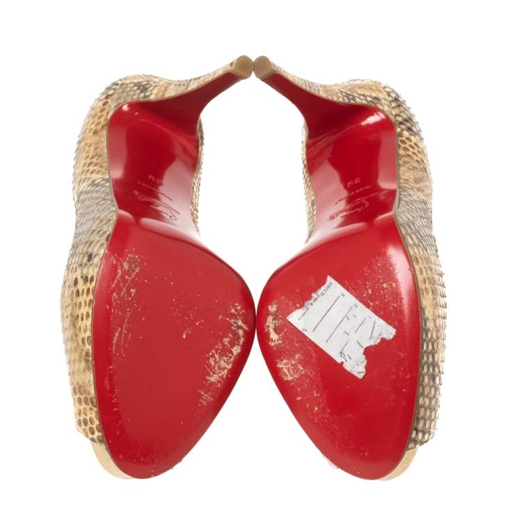 Pre Owned Christian Louboutin Beige/Brown Snakeskin Leather New Very Prive Peep-Toe Pumps Size 38