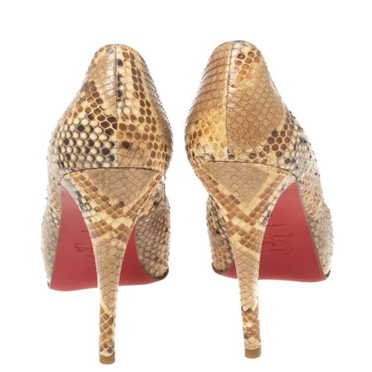 Pre Owned Christian Louboutin Beige/Brown Snakeskin Leather New Very Prive Peep-Toe Pumps Size 38