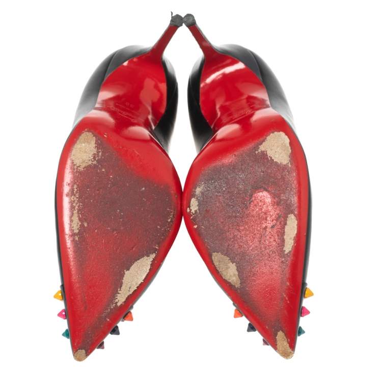 Pre Owned Christian Louboutin Black Leather Geo Spike Studded Cap Toe Pumps Size 38