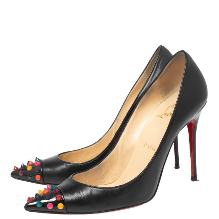 Pre Owned Christian Louboutin Black Leather Geo Spike Studded Cap Toe Pumps Size 38