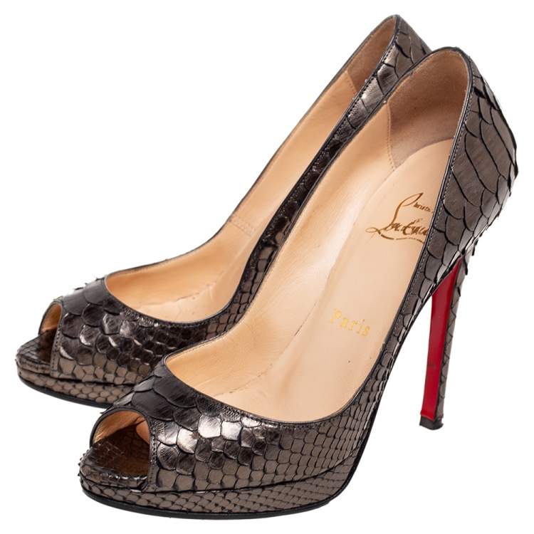 Pre Owned Christian Louboutin Metallic Grey Python Leather Lady Peep Platform Pumps Size 35