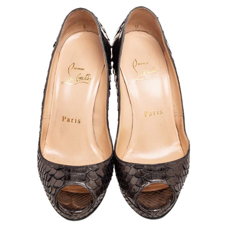 Pre Owned Christian Louboutin Metallic Grey Python Leather Lady Peep Platform Pumps Size 35