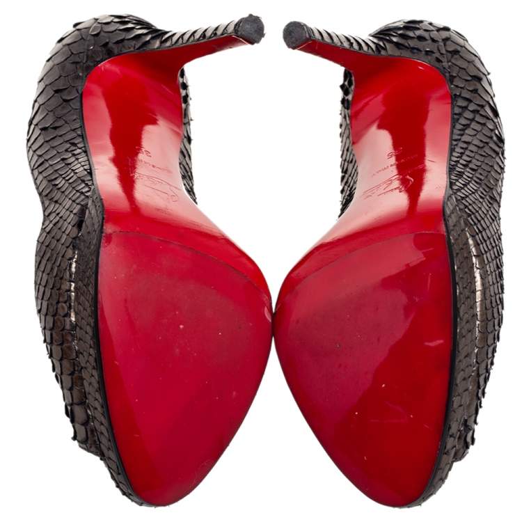 Pre Owned Christian Louboutin Metallic Grey Python Leather Lady Peep Platform Pumps Size 35