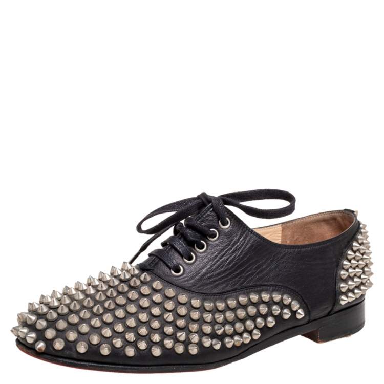 Pre Owned Christian Louboutin Black Leather Freddy Spikes Oxfords Size 38