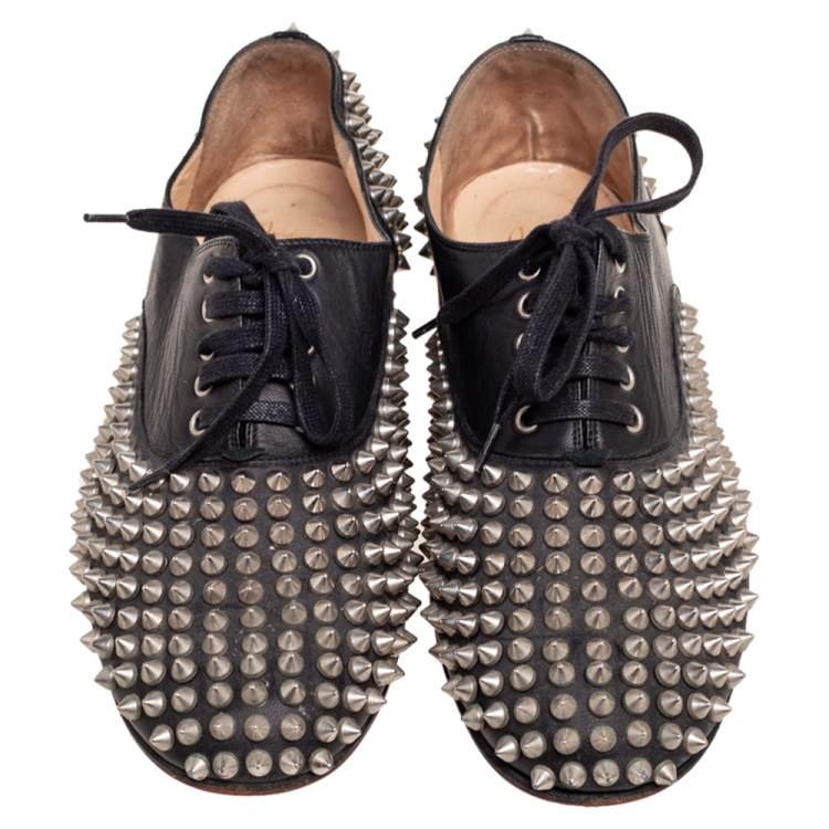 Pre Owned Christian Louboutin Black Leather Freddy Spikes Oxfords Size 38
