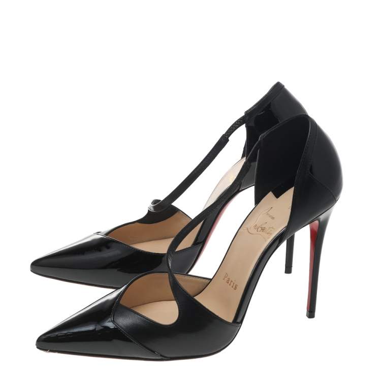 Pre Owned Christian Louboutin Black Patent Leather Jumping Cross Strap Pumps Size 38