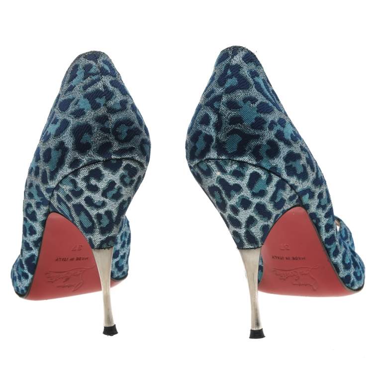 Pre Owned Christian Louboutin Blue Leopard Print Fabric Peep Toe Pumps Size 37