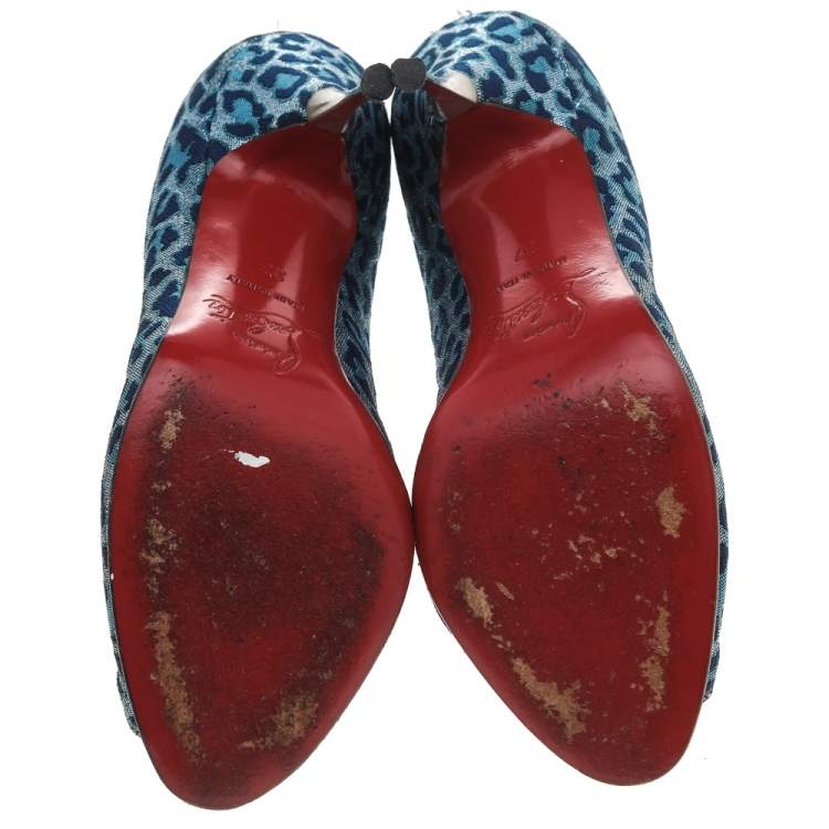 Pre Owned Christian Louboutin Blue Leopard Print Fabric Peep Toe Pumps Size 37