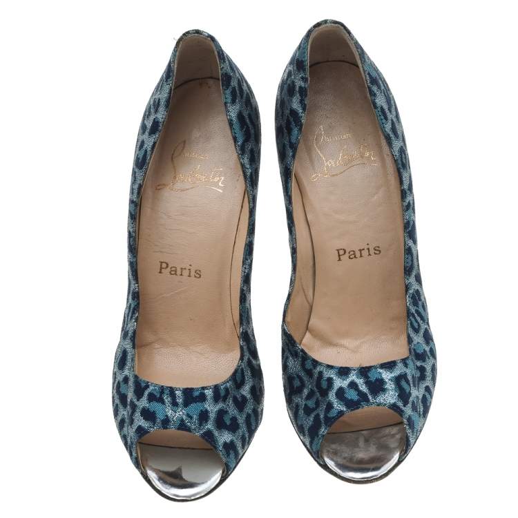Pre Owned Christian Louboutin Blue Leopard Print Fabric Peep Toe Pumps Size 37