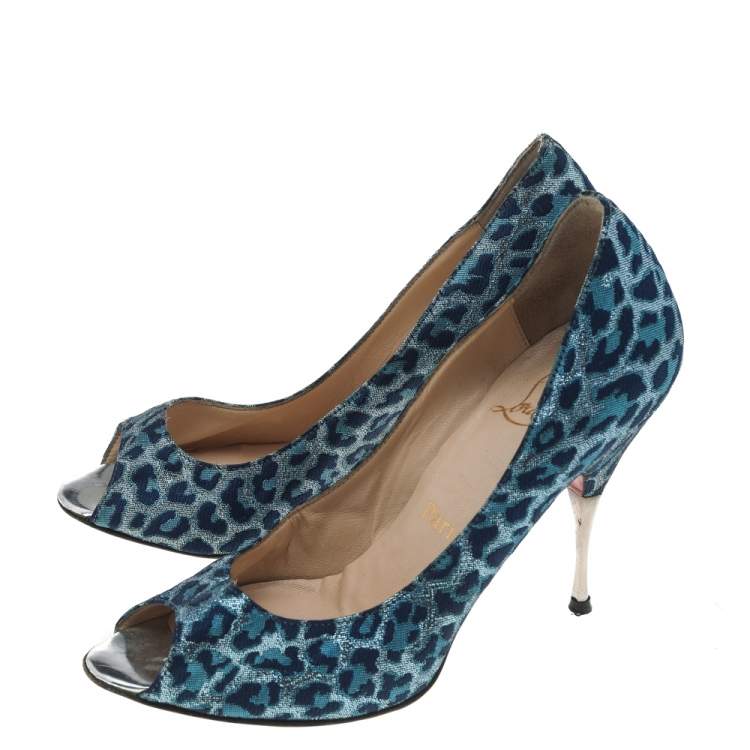 Pre Owned Christian Louboutin Blue Leopard Print Fabric Peep Toe Pumps Size 37