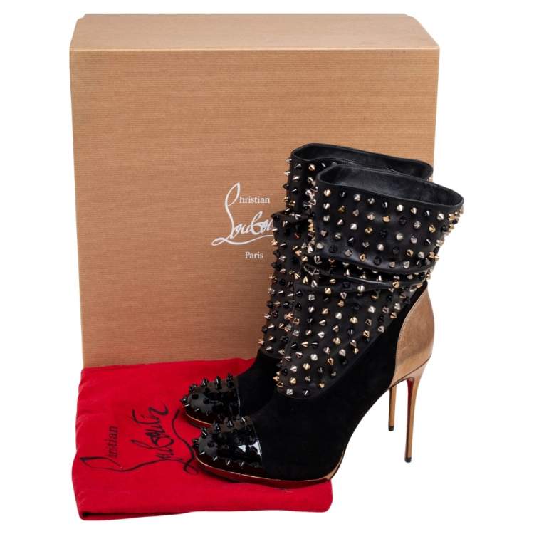 مملوكة مسبقًا Christian Louboutin Black Patent Leather and Suede Spike Wars Ankle Boots Size 39.5