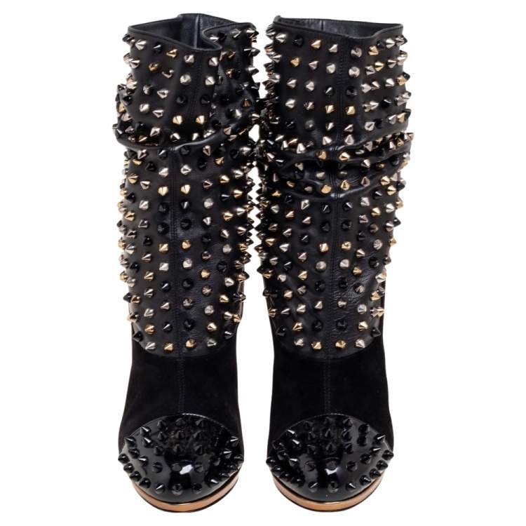مملوكة مسبقًا Christian Louboutin Black Patent Leather and Suede Spike Wars Ankle Boots Size 39.5