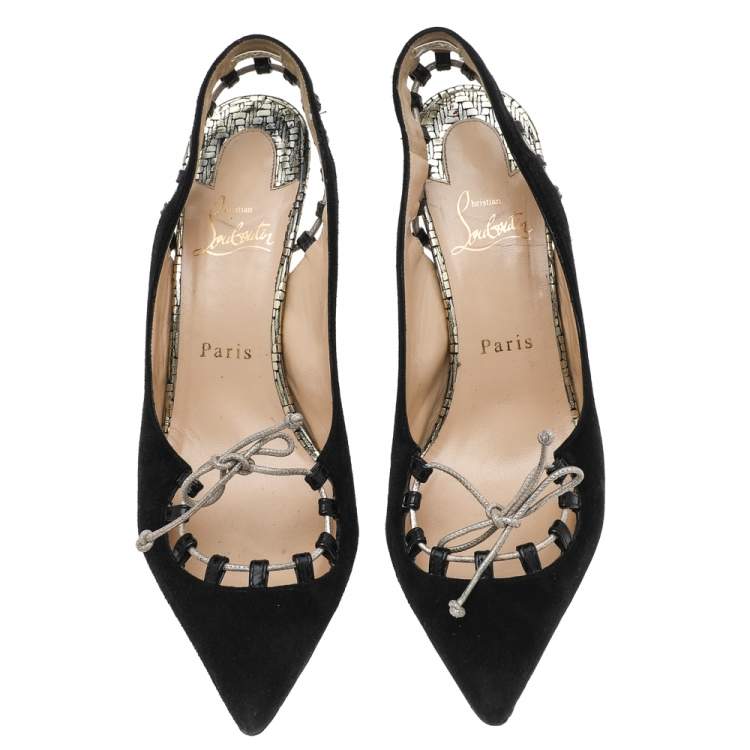 Pre Owned Christian Louboutin Black Suede Whipstitch Pointed Toe Slingback Sandals Size 38