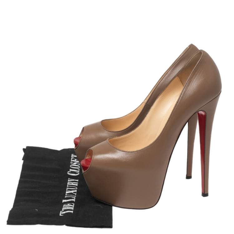 Pre Owned Christian Louboutin Beige Leather Highness Peep Toe Pumps Size 39.5 