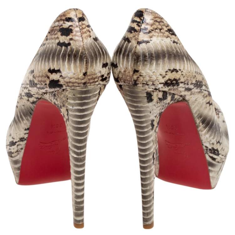 Pre Owned Christian Louboutin Multicolor Water Snake Banana Peep Toe Platform Pumps Size 38.5