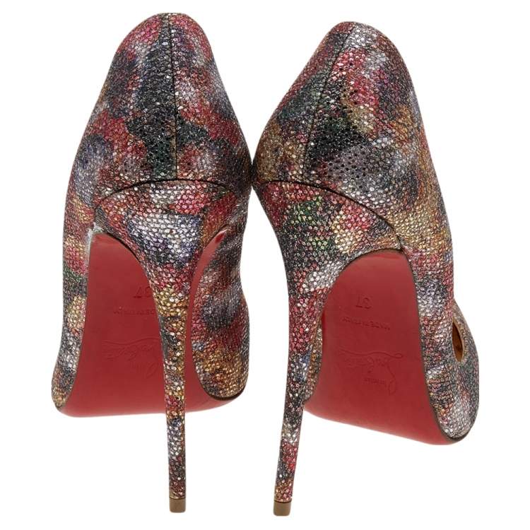 Pre Owned Christian Louboutin Metallic Floral Glitter So Kate Pumps Size 37