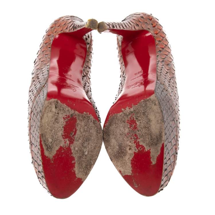 Pre Owned Christian Louboutin Orange/Brown Python Leather Bianca Pumps Size 38.5