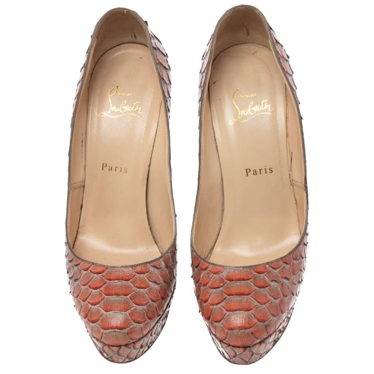 Pre Owned Christian Louboutin Orange/Brown Python Leather Bianca Pumps Size 38.5
